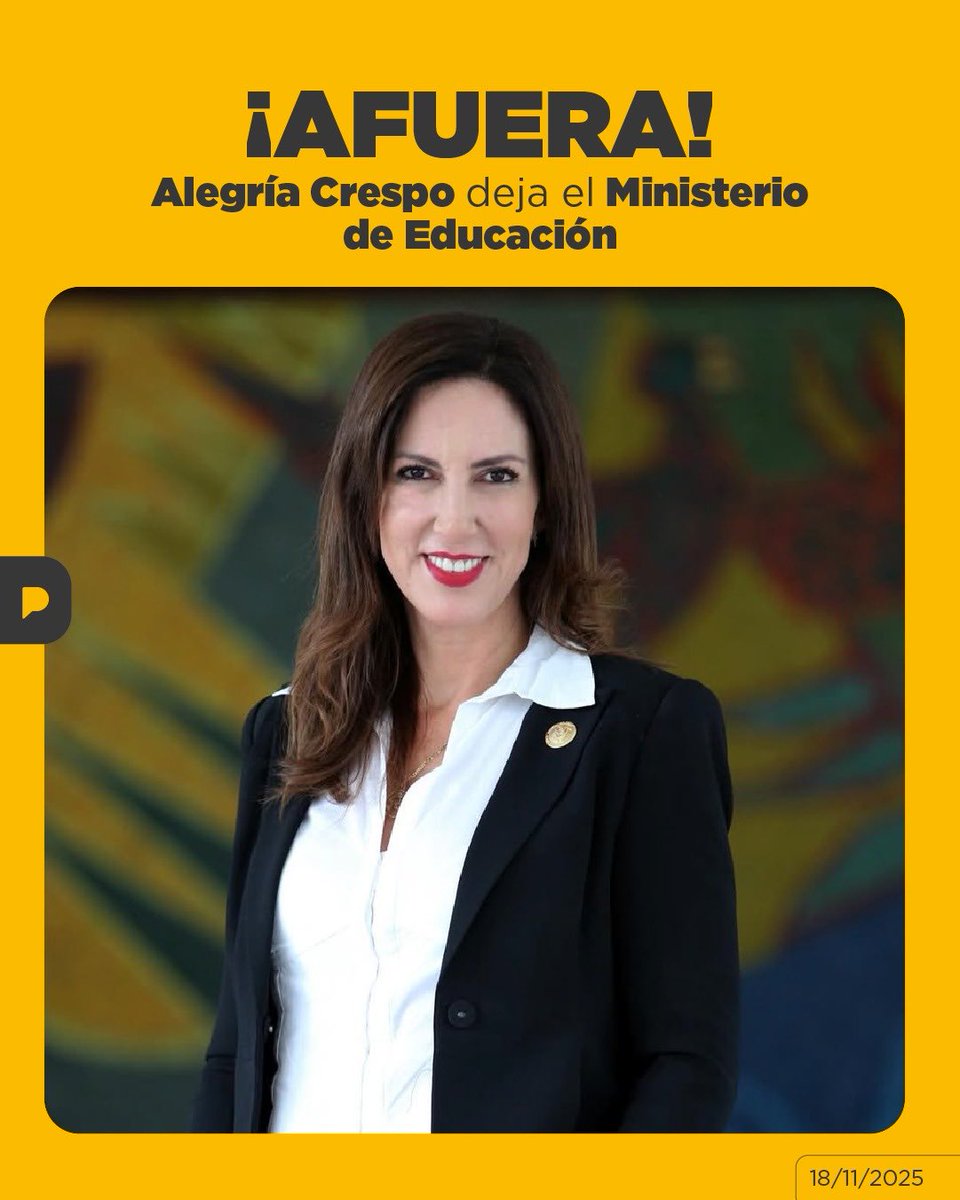 LaPosta_Ecu's tweet photo. 👋🏻 Alegría Crespo queda fuera del Ministerio de Educación. Su salida se suma a los recientes movimientos en el gabinete de Daniel Noboa, en medio del proceso habitual en el que los ministros han puesto sus cargos a disposición tras la elección reciente. https://t.co/70Kafm8oll