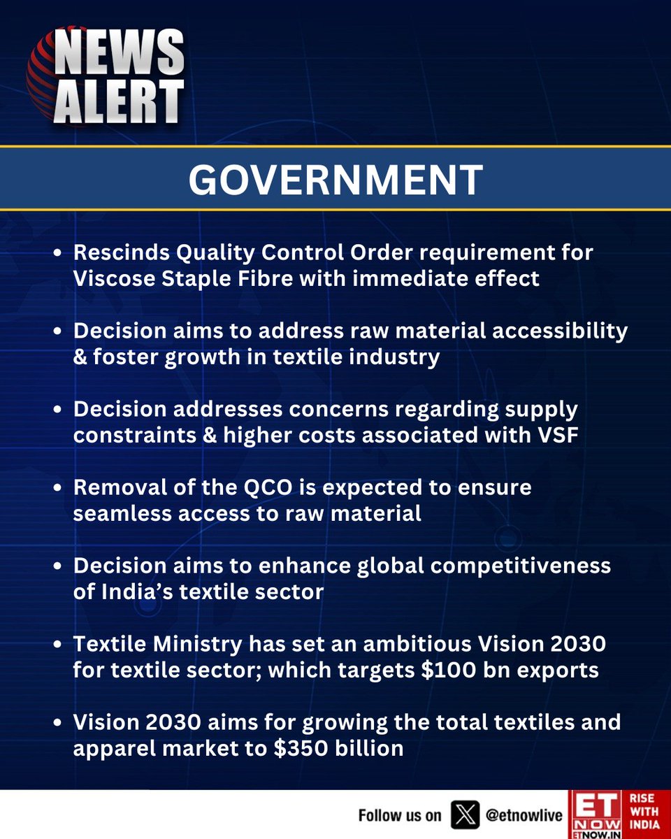ETNOWlive's tweet image. #NewsAlert | Government rescinds Quality Control Order requirement for Viscose Staple Fibre with immediate effect

These are the details👇 

#textile #fibre #viscose
