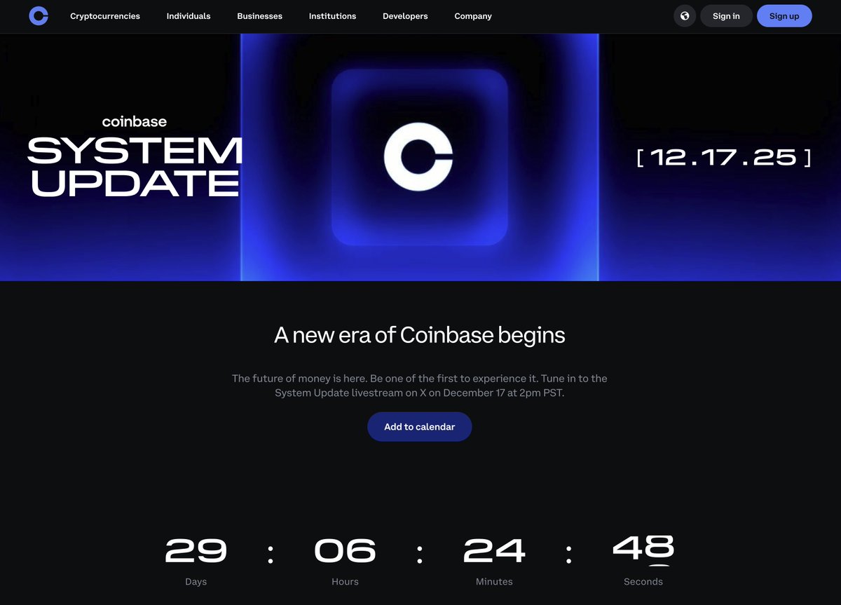 .<a href="/base/">Base</a> ตกแต่งหน้าเว็บใหม่มี countdown 17 dec 2025

เขียนว่า coinbase system update  "future of money is here"

อย่างไรก็ดี นาโนโบร๋คิดว่านี่ไม่ใช่วันที่ออกเหรียญ  แต่น่าจะเป็นวันที่ย้ายระบบไปเป็น onchain  (แบบที่เราคิดว่า bank จะขยับกันน่ะ)

จะส่งผลให้
- base มี TVL พุ่ง
-