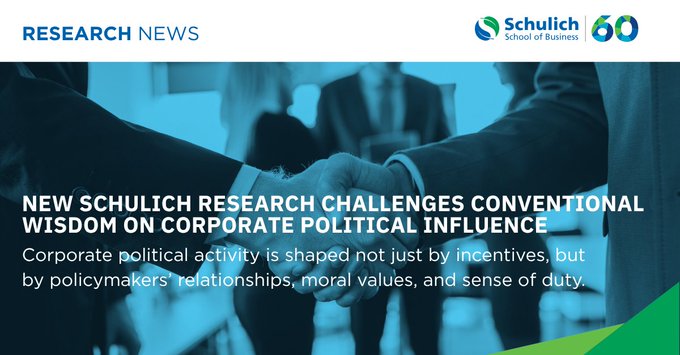 SchulichSchool's tweet photo. 📊 New #SchulichResearch challenges how we think about corporate influence on policy.
 
Professors Yuval Deutsch &amp; Pouyan Tabasi-Nejad (PhD ’24) propose a fresh framework that considers policymakers’ human motives — not just transactions.
 
🔗 Learn more: https://t.co/AM3FhEwwv6 https://t.co/wNHJ8WhFLI