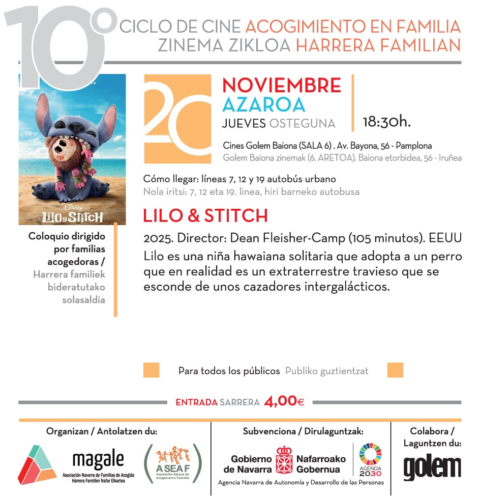 MagaleNavarra's tweet photo. Si no conoces a Stich, ¡es el momento!
Ven a cine 🎥 y celebra en familia el Día Universal del Niño y la Niña con @ASEAF_ISN y @asociacionmagale.

🎟️ Cada butaca se convertirá en una forma de apoyar la acogida familiar y la protección de la infancia en Navarra.
¡Te esperamos! https://t.co/eKC5JlZp5J
