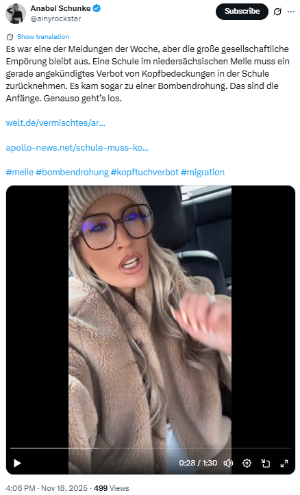 Frisch aufgehübscht, mit Pudelmütze und zurechtgefiltert, empört sich Anachanel Schminke in ihrer Karre über Kopfbedeckungen.