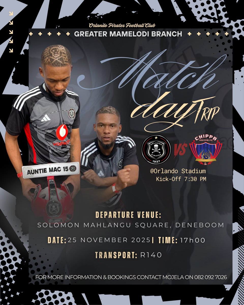 Betway Premiership showdown at Esgodini , <a href="/orlandopirates/">Orlando Pirates</a> vs <a href="/ChippaUnitedFC/">Chippa United FC</a> .

Ma-Buccaneers, Let’s paint the stands black and white! Bookings are now OPEN!

For bookings contact Mojela on 082 092 7026

Let’s share the poster on our socials and book . #OnceAlways