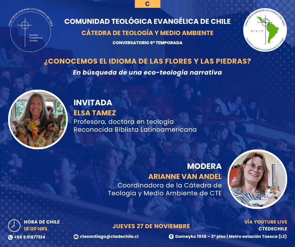 Aviso importante: Por razones de fuerza mayor que debemos considerar el Conversatorio con la profesora,  Elsa Tamez, moderado por la profesora  Arianne van Andel, se realizará el jueves 27 del presente, mismo horario y medio de transmisión. Contamos con vuestra comprensión