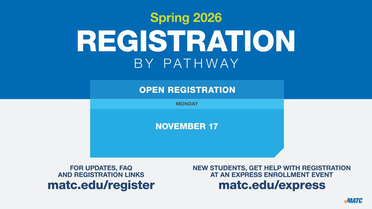 matcmilwaukee's tweet image. Registration is OPEN for Winterim and Spring 2026 for ALL MATC students! Choose when you begin: Classes start December, January, February and March! #ProudToBeMATC

matc.edu/register
