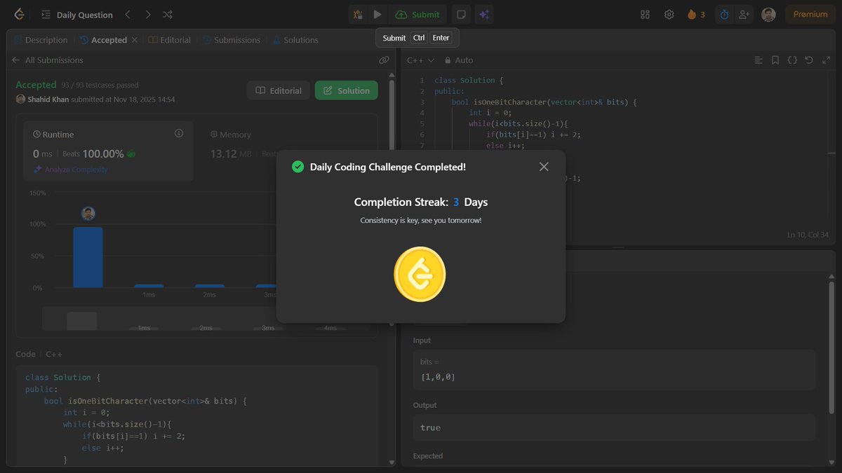shahidx_05's tweet image. Day 248 – #365DaysOfCode

✅ 1-bit and 2-bit Characters
✅ GFG POTD – Number of Ways to Arrive at Destination
✅ Codeforces 2172A – Implementation Logic

#DSA #LeetCode #GfG #Codeforces #CompetitiveProgramming  #ProblemSolving #LearnInPublic #BuildInPublic