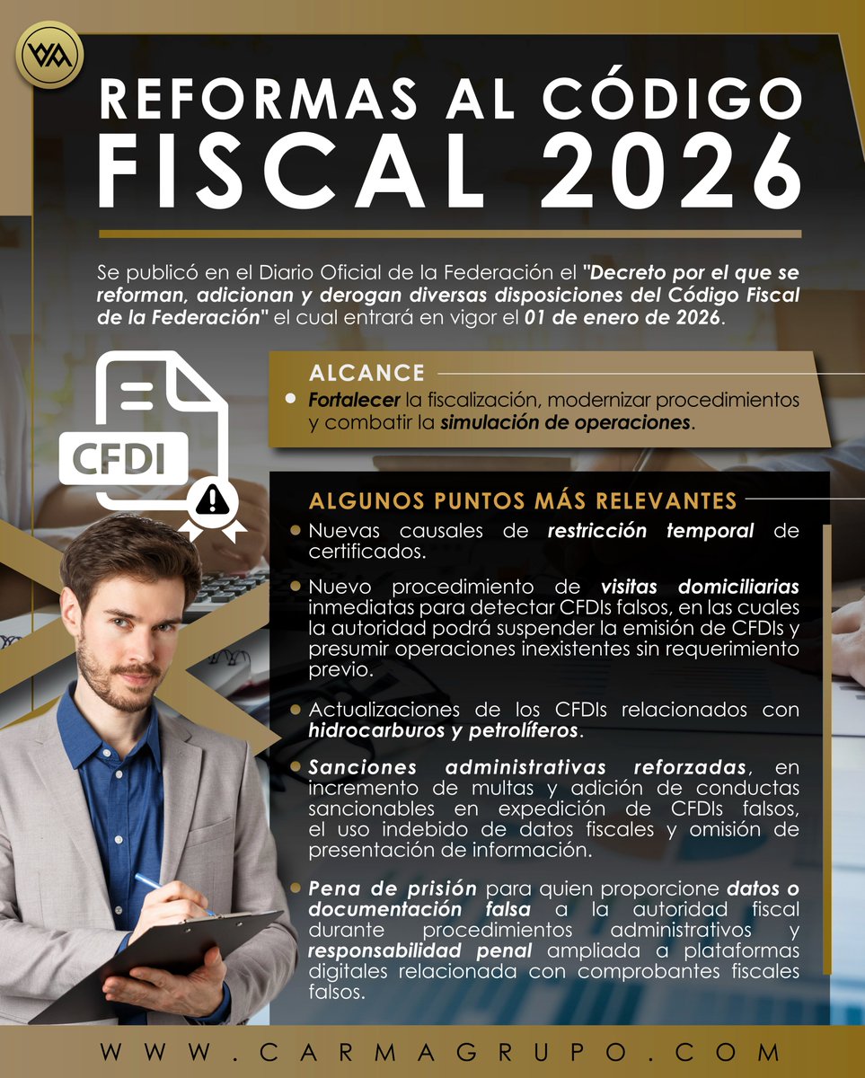 GrupoCarmaSC's tweet photo. El 07 de noviembre se publicó en el Diario Oficial de la Federación el Decreto por el que se reforman, adicionan y derogan diversas disposiciones del Código Fiscal de la Federación. 

#ReformaFiscal #CFF #DerechoFiscal #asesoriafiscal #CFDI #fiscal #contadores #abogados https://t.co/MZOmKeBn1Y
