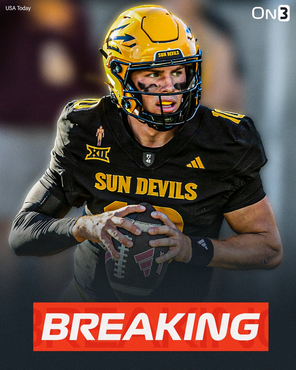 On3sports's tweet image. BREAKING: Arizona State star QB Sam Leavitt&apos;s return to the program in 2026 is doubtful, @SWiltfong_ &amp;amp; @PeteNakos report. 

Leavitt&apos;s camp is actively shopping the talented passer “at a high level”

Intel: on3.com/news/arizona-s…