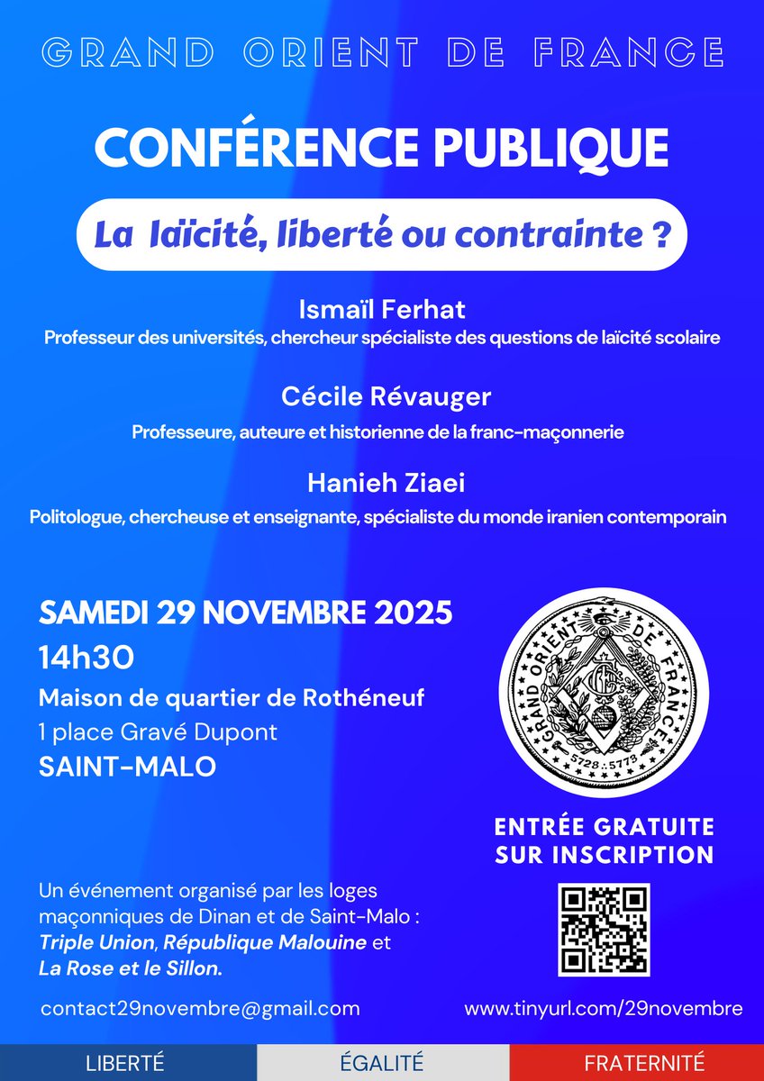 Conférence publique organisée par les loges
maçonniques de Dinan et de Saint-Malo :
Triple Union, République Malouine et
La Rose et le Sillon. Samedi 29 novembre 2025 à 14h30 à Saint-Malo➡️Informations : bit.ly/48jPyg5