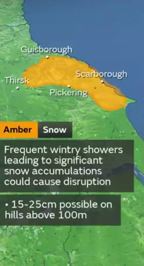 WeatherFrog_'s tweet photo. There's now an Amber warning of snow for the North Yorkshire Moors and parts of the Yorkshire wolds could be quite significant considering the portential of 15-25cm at just 100m imagine if theres anywhere above 300m which there is in the Amber zone could be locally very significant @UKWeatherChase 

#UKSnow @UKsnowupdates #UKWEATHER #NorthYorkshire