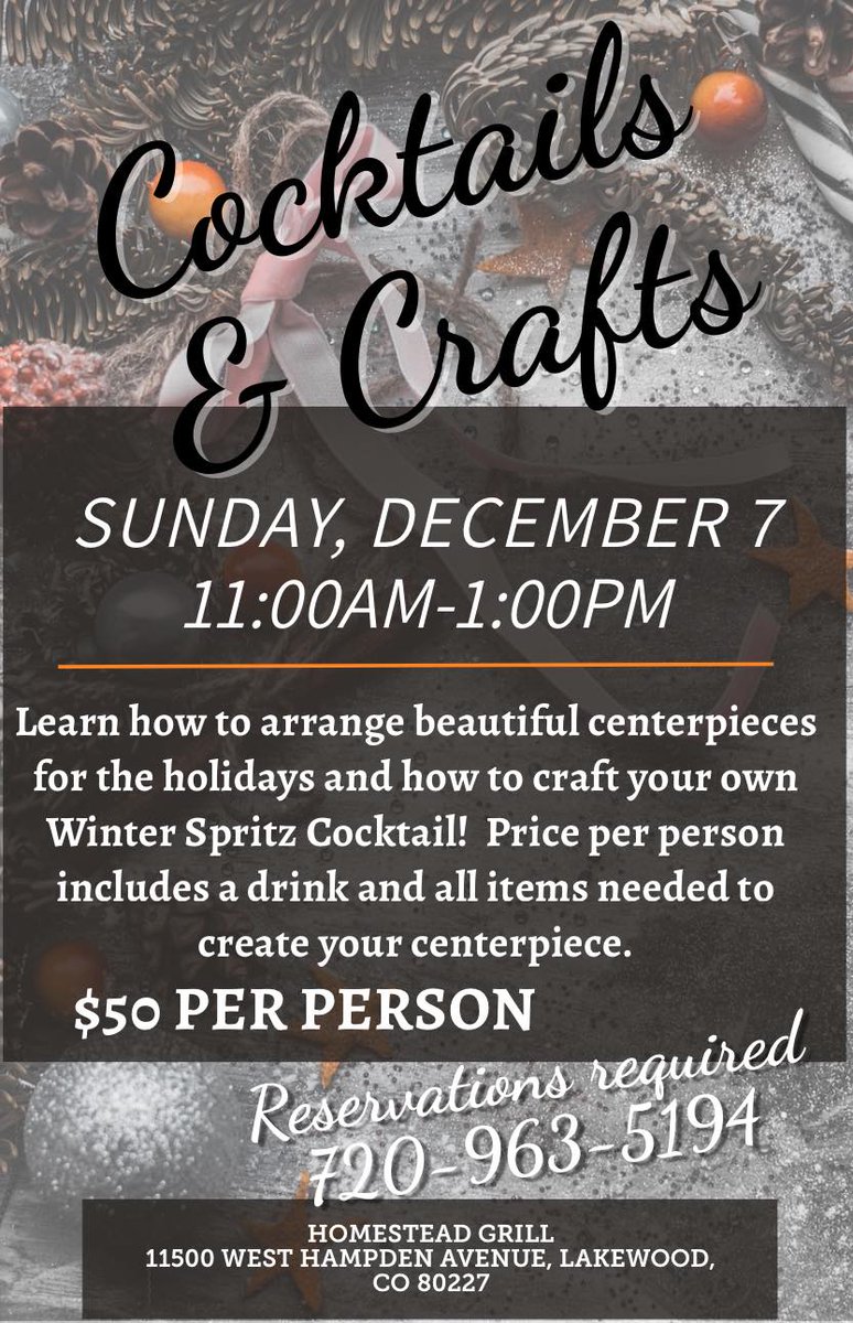 Make your reservation today for Cocktails &amp; Crafts at Homestead Grill! #golf #GolfLakewood