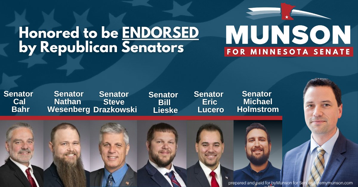 I am honored to receive the endorsement and support of these six Republican State Senators and look forward to joining the team in St Paul. #mnleg <a href="/mnsrc/">Minnesota Senate Republicans</a> <a href="/mngop/">Republican Party of Minnesota</a> <a href="/scottcountygop/">Scott County GOP</a> <a href="/CD1MNGOP/">CD 1 MNGOP</a>