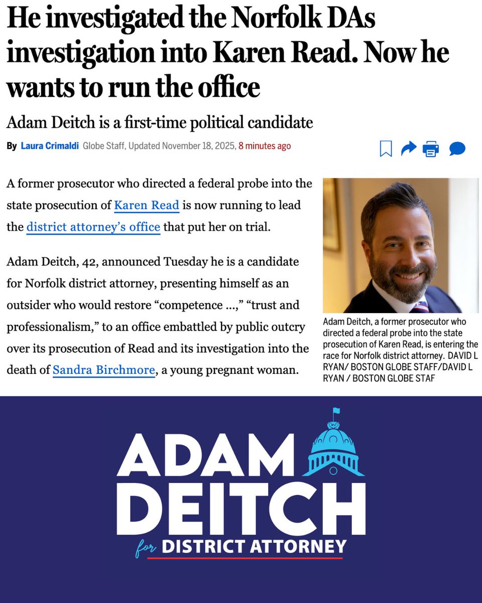 adamdeitch's tweet image. It’s official: I am running to restore fairness, competence, trust, and professionalism to the Norfolk County District Attorney’s office. 

Join me: secure.actblue.com/donate/pcg-add…