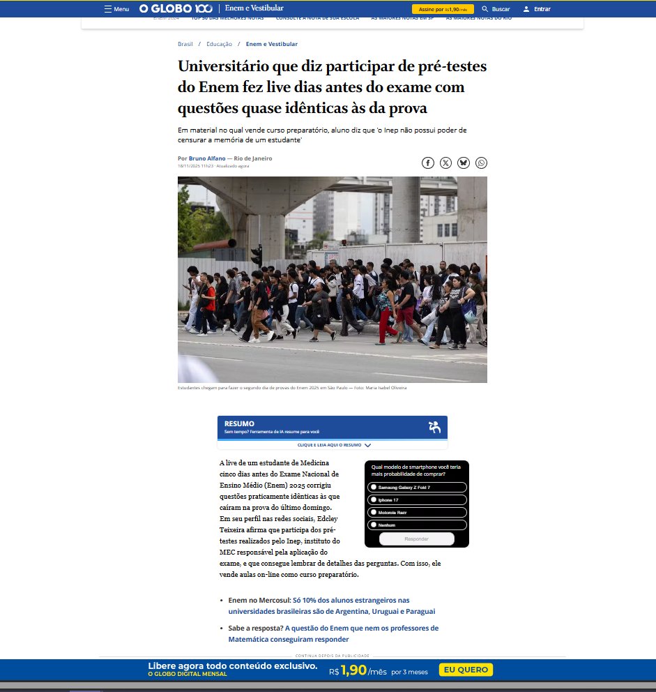 estuda_mel's tweet image. Essa notícia vale a pena engajar, bem escrita e não cortaram as alternativas ↓

🔎 Link: oglobo.globo.com/brasil/noticia…