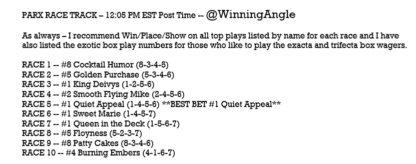 TUESDAY PARX HORSES - Top Plays listed by name for each race (WPS) along with the exotic box play numbers for those that like the exacta/trifecta boxes.  Let's enjoy another fun day of racing and cash these tickets!! #HorseRacing #Parx