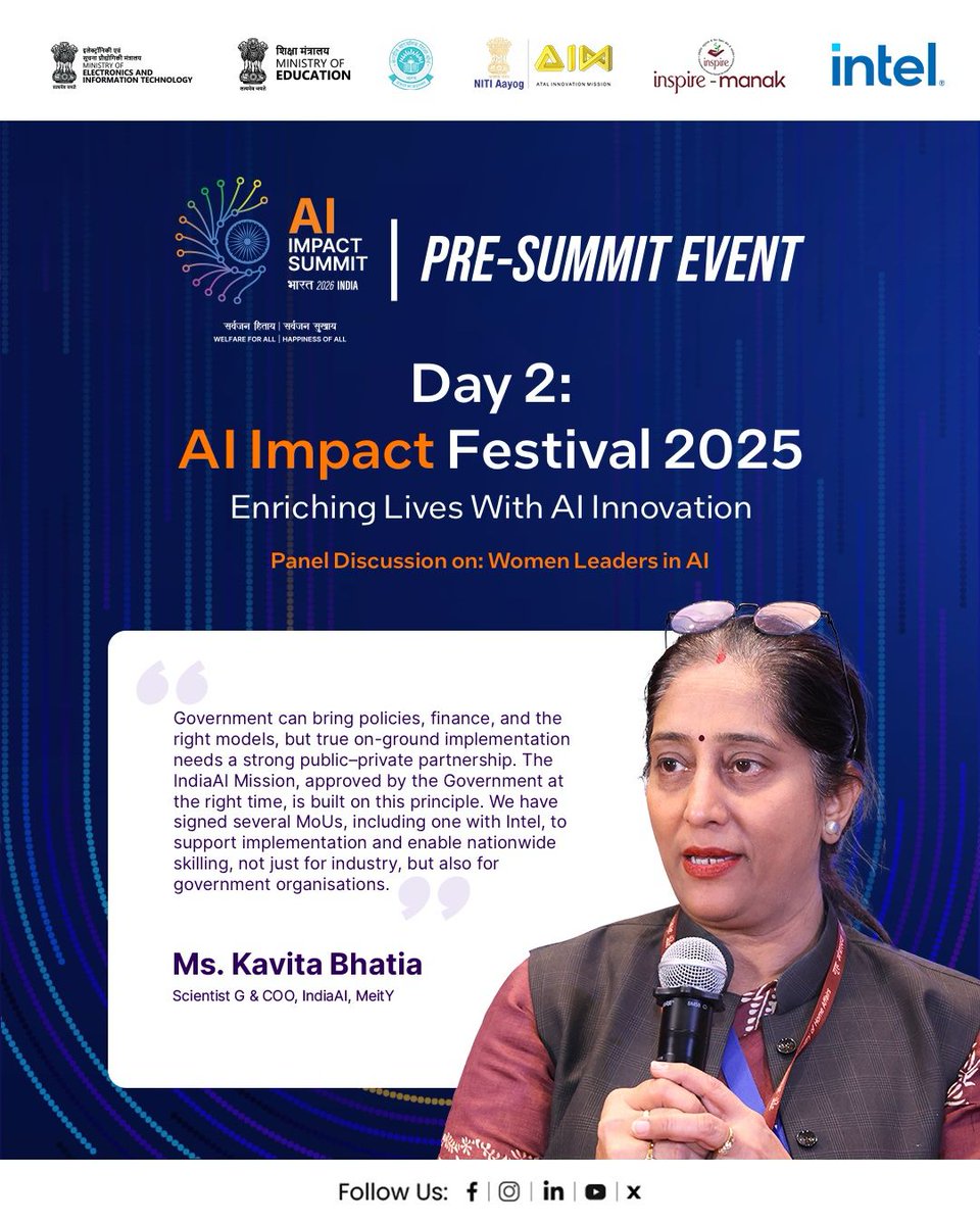 OfficialINDIAai's tweet image. At the #AIImpactFestival, Ms. Kavita Bhatia, Scientist G &amp;amp; COO, @OfficialINDIAai, @GoI_MeitY, underscored how the IndiaAI Mission is shaping a strong public–private ecosystem — one that accelerates AI adoption, strengthens implementation on the ground, and unlocks the momentum…