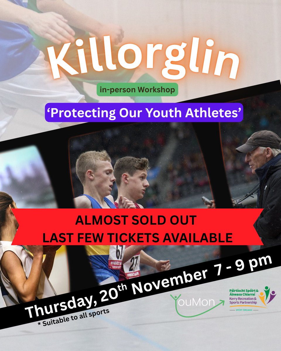 KerryRSP's tweet image. 🚨 Last few tickets! 🚨
Our ‘Protecting Our Youth Athletes’ workshop in Killorglin is almost sold out.

📅 Thurs 20 Nov | 7–9pm
If you’re a parent, coach, or teacher working with young athletes — don’t miss this.

Grab your ticket now before they're gone!
eventbrite.ie/e/178082468757…