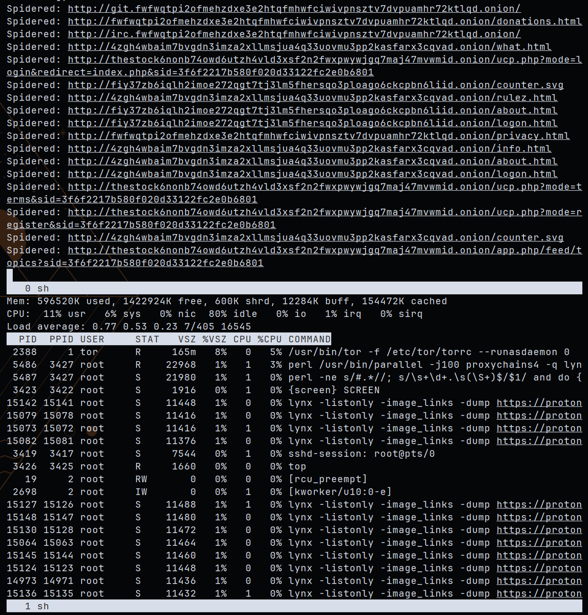 While cloudflare is down, I've been updating my Dark Web crawler.

Now is fast and doesn't need too many things to work, just pure bash.

Check it here: github.com/bash-bunny/DW_…

For your info, here is running in Alpine Linux with 2Gb of ram.