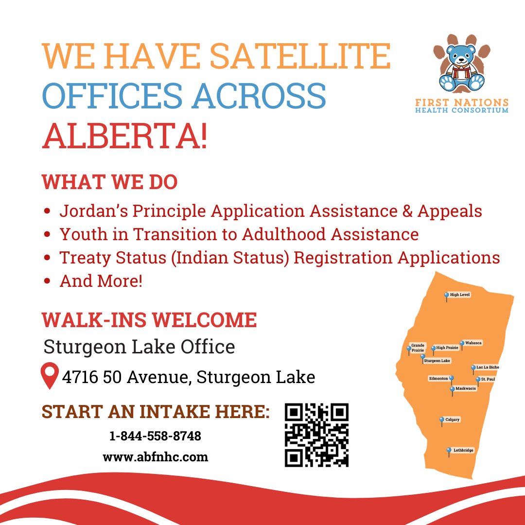 FNHCAlberta's tweet image. Come visit our satellite offices! We are located across Alberta. We have an office in Sturgeon Lake. WALK-INS WELCOME! 🚗

To learn more about us visit our website at: abfnhc.com

@FNHCAlberta  #treaty6 #treaty7 #Treaty8 #JordansPrinciple #IndigenousHealth