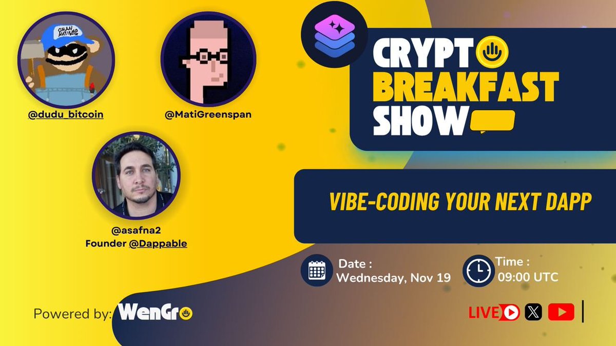 dudu_bitcoin's tweet image. If you could build anything you wanted on-chain, what would you ship first?

This week, we’re sitting with @asafna2 to talk about one of the most interesting shifts on-chain right now: vibe coding

We’re unpacking:

→ What vibe coding actually means

→ How prompting dapps to…