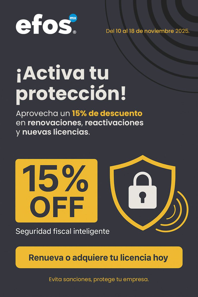 efosmx's tweet image. ⚠¡ÚLTIMAS HORAS!.⚠
🎯15% de descuento en renovaciones, reactivaciones y nuevas licencias.

‼ ¡HOY ÚLTIMO DÍA!.‼
¡Aprovecha ahora y activa tu protección!
.
.
.
.
.
#promociones #EFOS #FacturaciónDigital #facturas #alerta #deducirimpuestos #ElBuenFin #efosmx #SAT