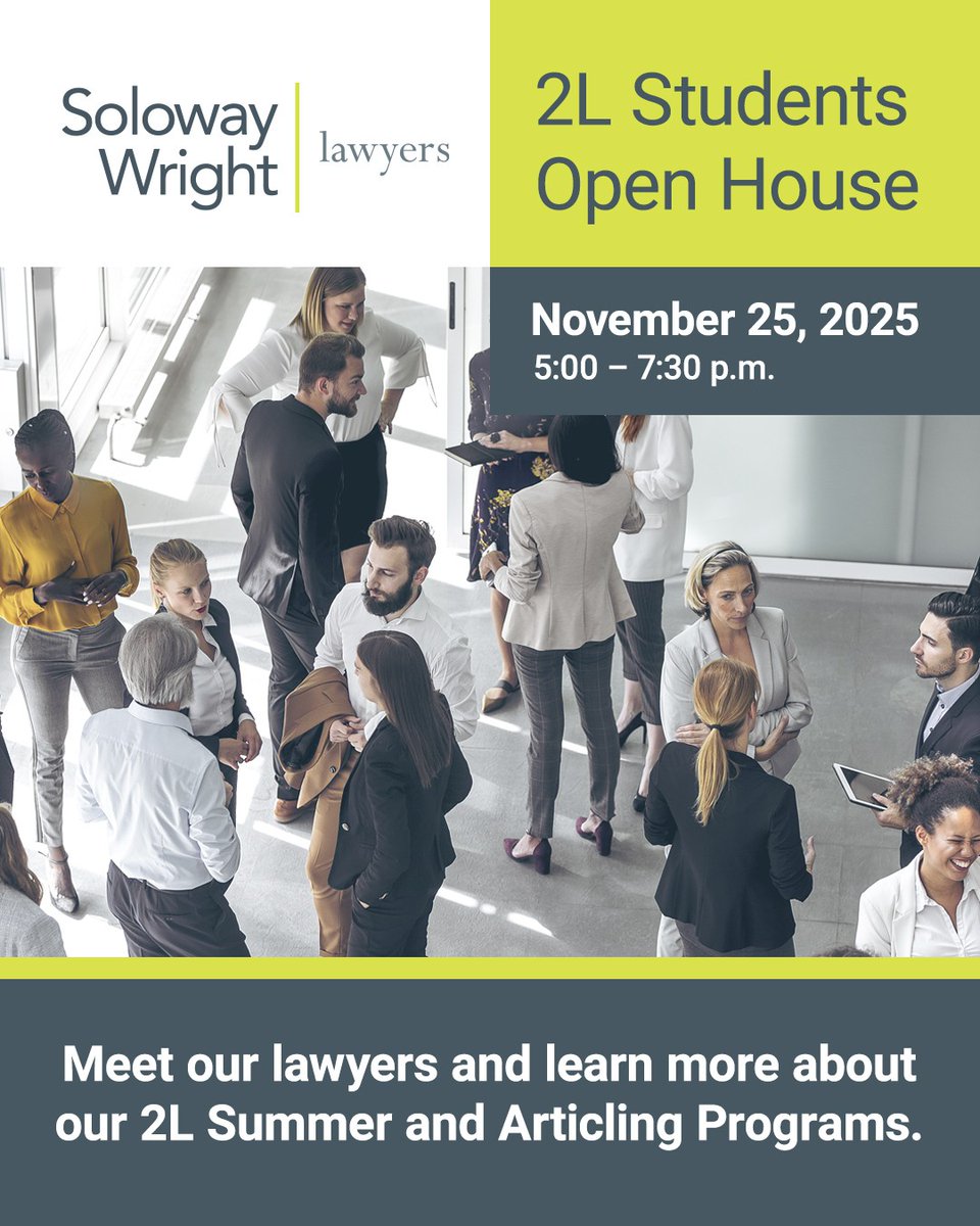 solowaywright's tweet image. Attention 2L students! Join Soloway Wright LLP for our 2025 Open House on Nov 25 | 5–7:30 PM | Ottawa Office. Meet our lawyers &amp;amp; students, explore practice areas, and learn about our Student Program. Snacks &amp;amp; networking included. RSVP: articling@solowaywright.com
#SolowayWright