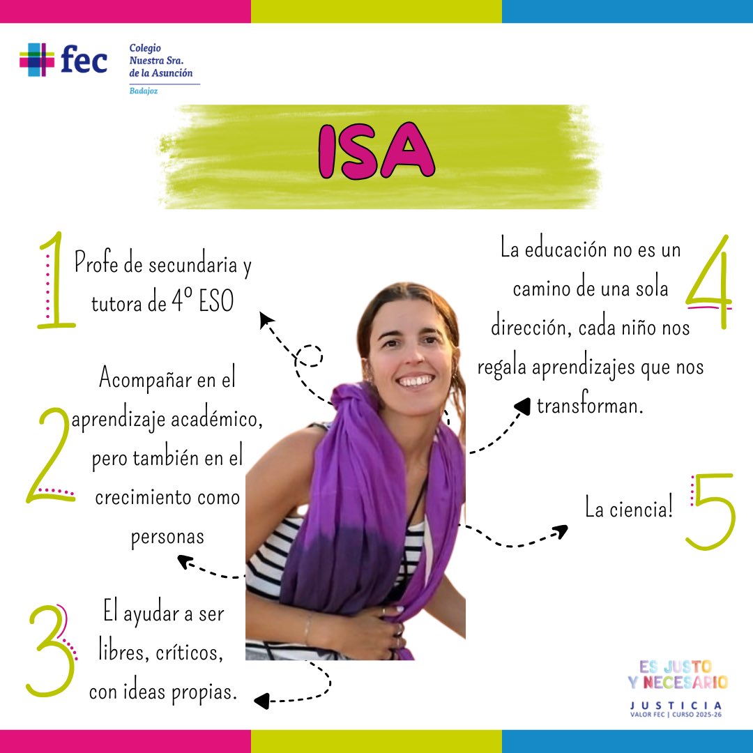 👩‍🏫¡Hoy es el turno de Isa! 
Ha respondido a nuestras 5 preguntas:
1️⃣¿Qué cargo desempeñas?
2️⃣¿Qué es lo que más te gusta de tu trabajo?
3️⃣¿Qué te motivó a dedicarte a la enseñanza?
4️⃣¿Qué aprendizaje importante te ha dado tu experiencia?
5️⃣Apasionada de…

#ColegiosFec #NSA
