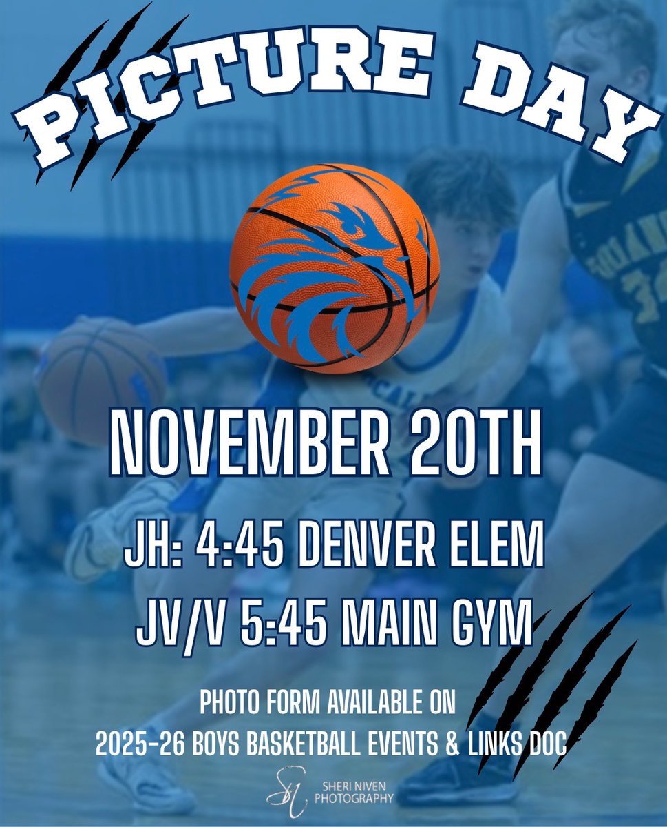 “Say cheese and show your game face!"
 📸 Boys Basketball Picture Day is 11/20—because looking sharp is part of the playbook. 🏀🔥