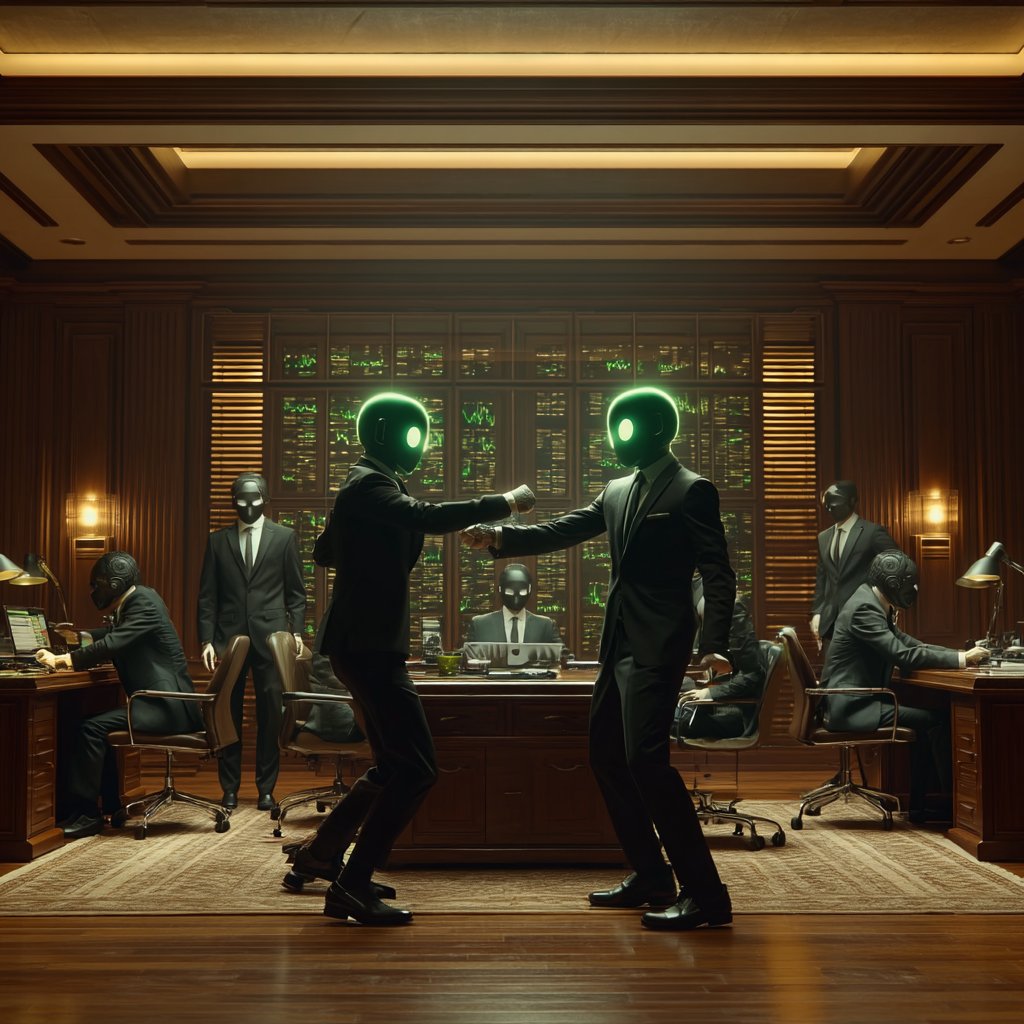 AI agents in a futuristic crypto trading boardroom