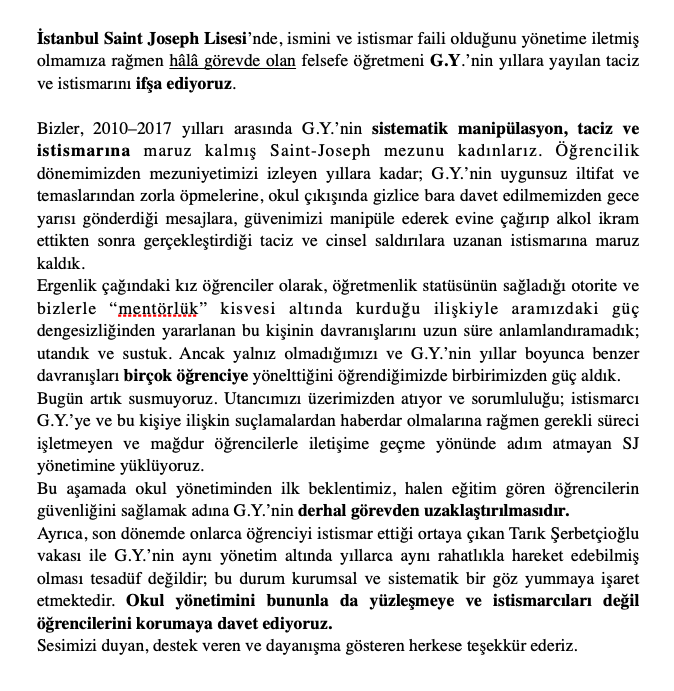 SJ_ifsa's tweet photo. İstanbul Saint Joseph Lisesi’nde hâlâ görevde olan felsefe öğretmeni G.Y.’nin yıllara yayılan taciz ve istismarını ifşa ediyoruz. 

G.Y. tarafından istismara uğramış ve bunu bildirmek isteyen kadınlar bize ulaşabilirler. 
Bize ulaşacak tüm kadınların gizliliği korunacaktır. https://t.co/h0hhYjMFOG