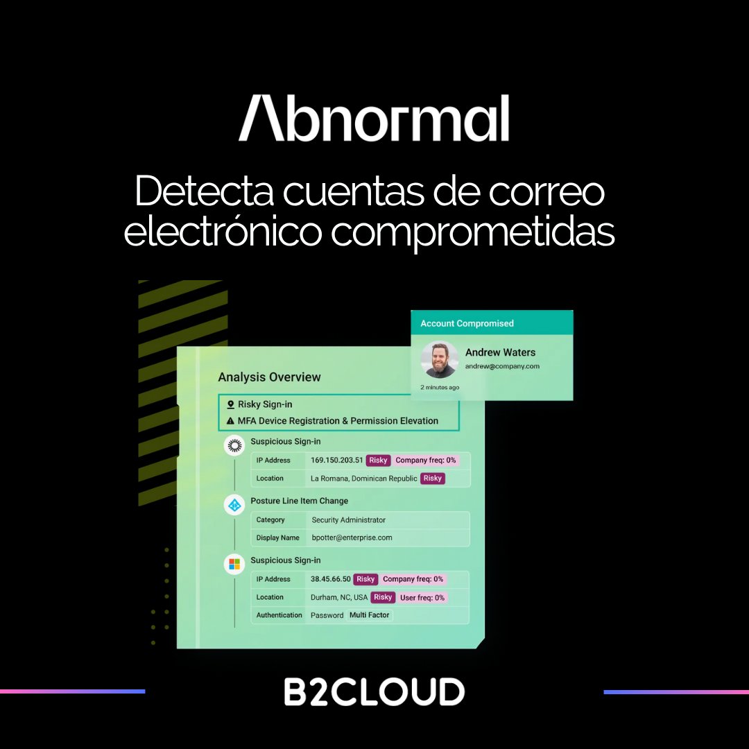 b2cloudtech's tweet image. ¿Sabías que el 1 de cada 4 organizaciones es objetivo de un takeover de email cada semana? 😱 Los ataques de ingeniería social están en auge.
Con Abnormal detenés no solo el correo malicioso sino también detectás cuentas ya comprometidas.
Como partner, te ayudamos a implementarlo…