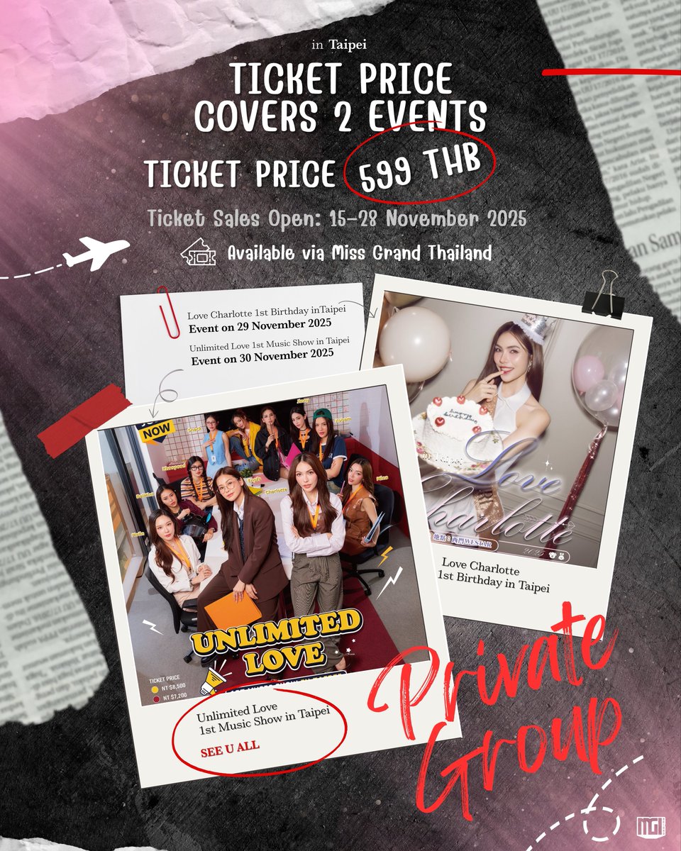 TenhoursConcert's tweet photo. ร่วมเก็บทุกโมเมนต์สุดเอ็กซ์คลูซีฟจากไทเป
ผ่าน Private Group งาน Love Charlotte – 1st Birthday in Taipei & UNLIMITED LOVE 1ST MUSIC SHOW IN TAIPEI

ราคาเพียง 599 บาท
สามารถรับชมได้ทั้ง 2 งานแบบจุใจ
💗 Love Charlotte – 29 พ.ย.
❤️ Unlimited Love Music Show – 30 พ.ย.

ซื้อได้ง่าย ๆ ที่ 👉 Facebook: Miss Grand Thailand 👉 Line: @grandticket

#UnlimitedLove1stMusicShowinTaipei
#LoveCharlotte1stBirthdayinTaipei
#UnlimitedloveTheSeries
#CharlotteAustin 
@MGIBeyond