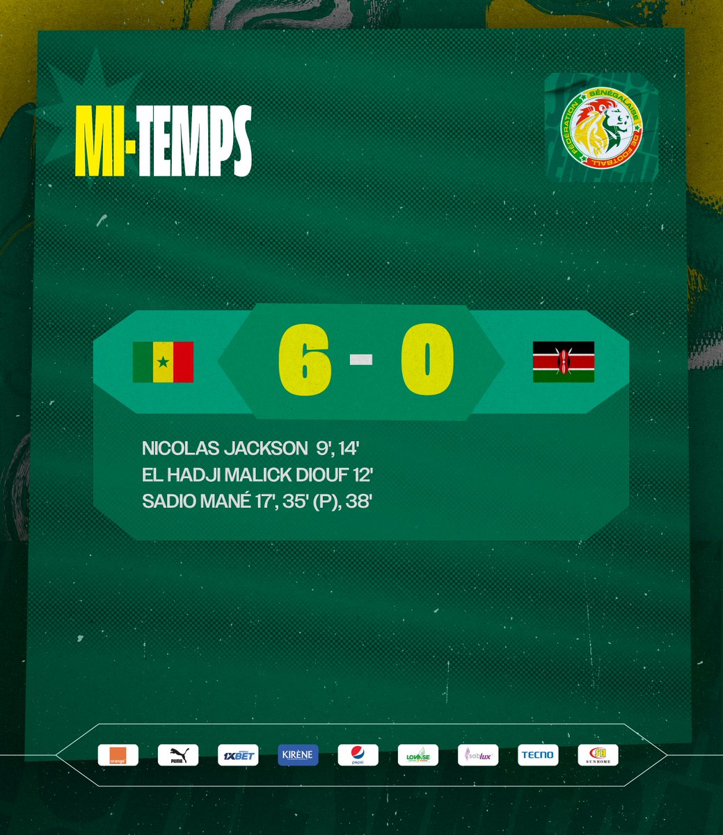 ⏰ 𝙈𝙄-𝙏𝙀𝙈𝙋𝙎 | Un triplé de Sadio Mané, un doublé de Nicolas Jackson et un but de El Hadji Malick Diouf, le Sénégal est largement en tete au terme des 45 premières minutes. Nos lions se sont procurés beaucoup d’occasions dans ce match. #SENKEN