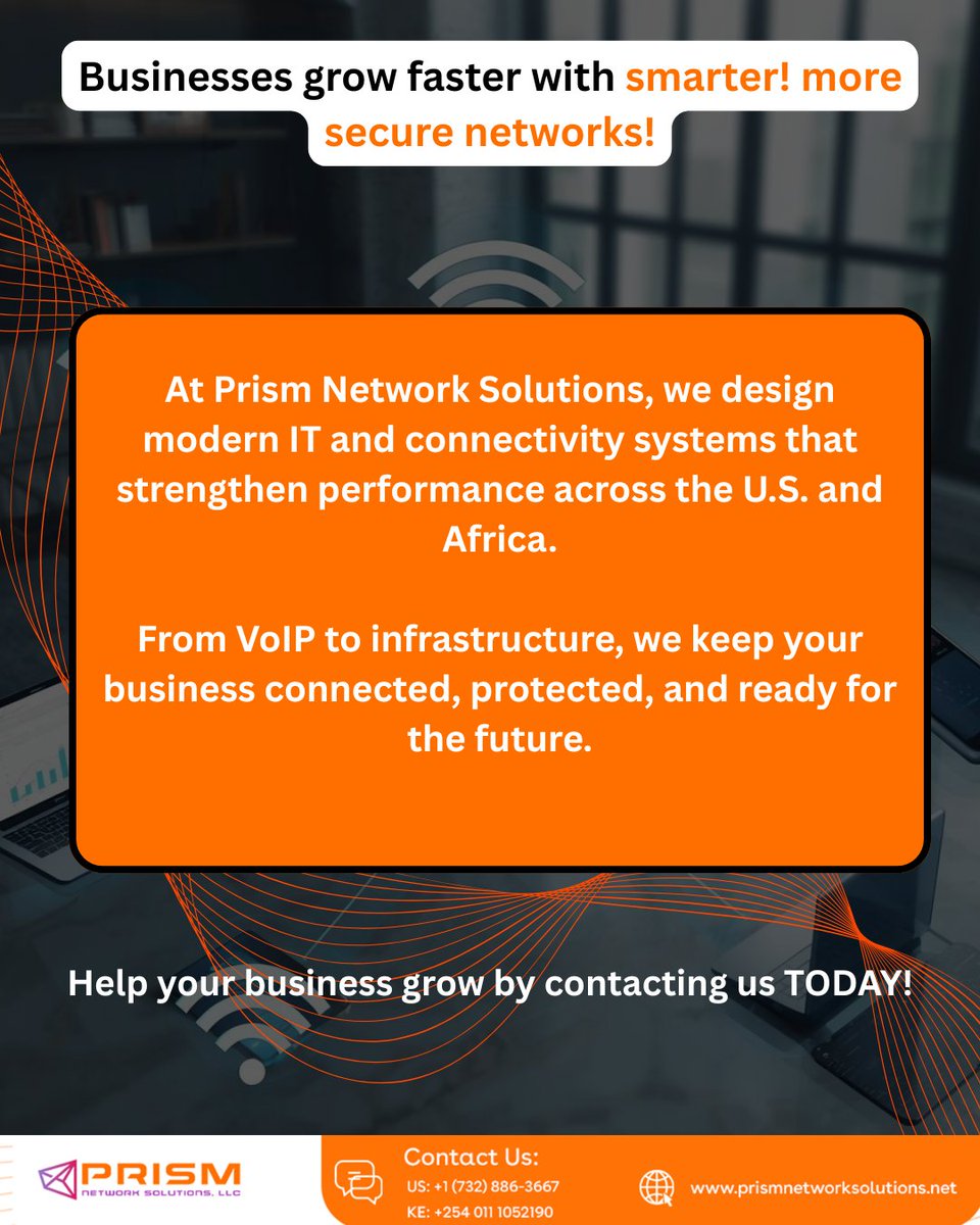 PrismNS_africa's tweet image. Prism Network Solutions LLC delivers secure IT, VoIP, and connectivity solutions serving clients across the U.S. and Africa. Power your operations with technology that scales! #ITSolutions #FutureReady #SecureNetworking #VoIPSolutions