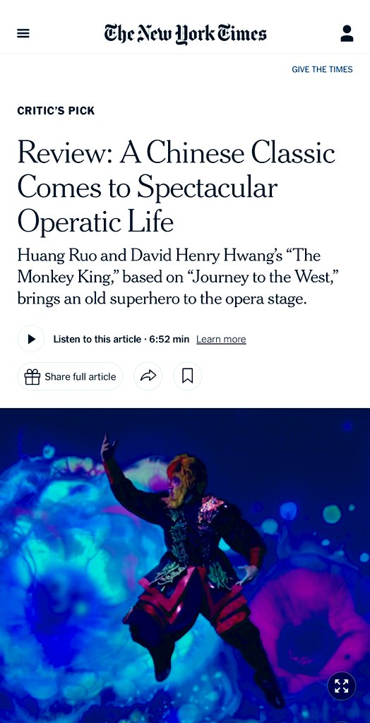 ruohuang's tweet photo. Humbled and thankful to @nytimes @nytimesarts and music critic #JoshuaBarone for this amazing Critic’s Pick review of our new opera THE MONKEY KING at @SFOpera. Congrats all❤️🪷🙏!
CRITIC’S PICK
Review: A Chinese Classic Comes to Spectacular Operatic Life

https://t.co/5o3YzR8xzk https://t.co/Iundq15R5y