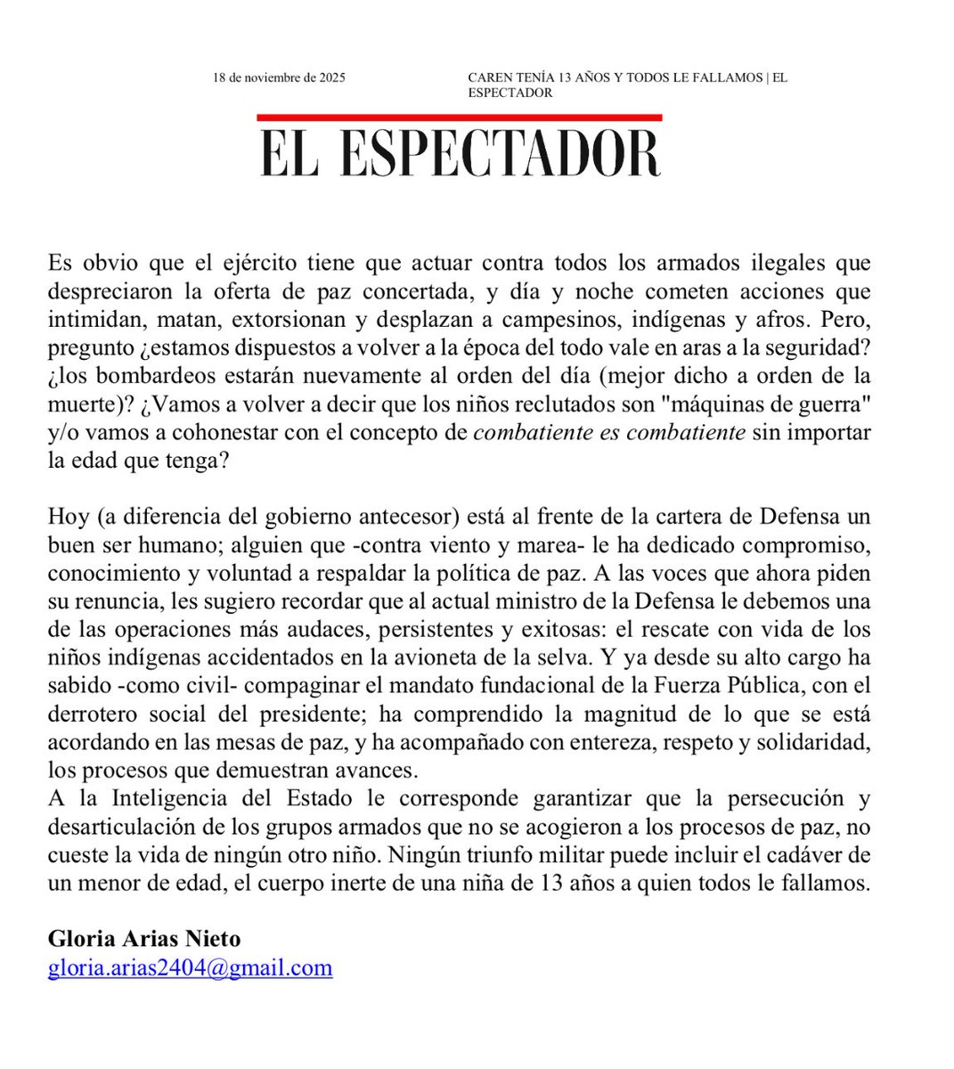 gloriariasnieto's tweet image. Invito a leer el Pazaporte de hoy, sobre el horrendo delito del reclutamiento infantil; y la obligación del Estado de proteger y no bombardear a nuestros niños, niñas y adolescentes. @DefendamosPaz @mindefensa @ONUHumanRights @MisionONUCol @DefensoriaCol @petrogustavo