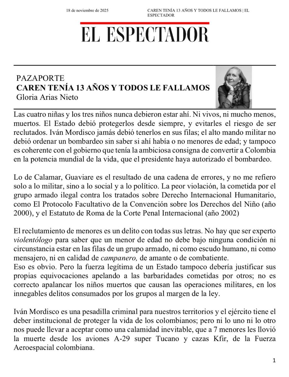 gloriariasnieto's tweet image. Invito a leer el Pazaporte de hoy, sobre el horrendo delito del reclutamiento infantil; y la obligación del Estado de proteger y no bombardear a nuestros niños, niñas y adolescentes. @DefendamosPaz @mindefensa @ONUHumanRights @MisionONUCol @DefensoriaCol @petrogustavo
