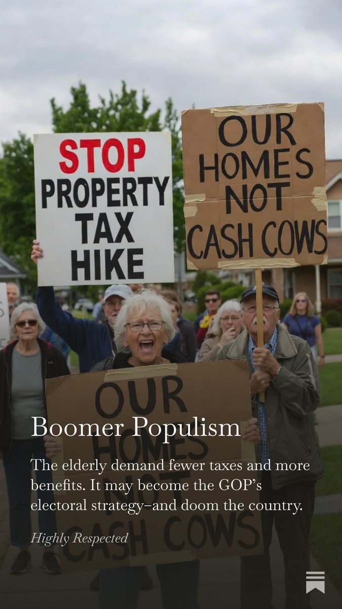 ScottMGreer's tweet image. Column: Boomer Populism demands the government eliminate taxes for the elderly while increasing their benefits. It's a terrible political formula, but the GOP may adopt it to win elections