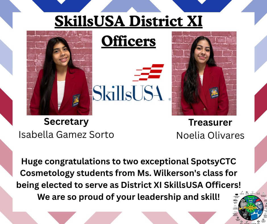 SpotsyCTC's tweet image. 🎉 Huge congratulations to two exceptional SpotsyCTC Cosmetology students from Ms. Wilkerson’s class for being elected as District XI SkillsUSA Officers!
We are so proud of your leadership, dedication, and talent! 💇‍♀️✨
#SpotsyCTC #SkillsUSA #Cosmetology #StudentLeaders