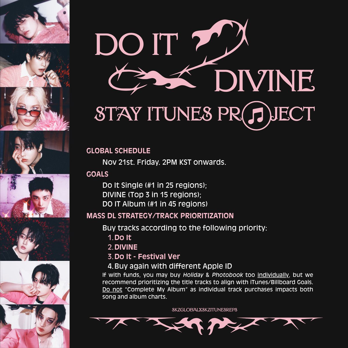 Stray Kids #Do_It / #DIVINE
Global iTunes Project

⏰ Nov 21st, 2PM KST

💪🏼 Double title track means double the effort! Please participate, STAYs!

✈️ Strategy
1. Buy 'Do It'
2. Buy 'DIVINE'
3. Buy 'Do It - Fest Ver'
4. Buy again with different Apple ID

<a href="/Stray_Kids/">Stray Kids</a> #스트레이키즈