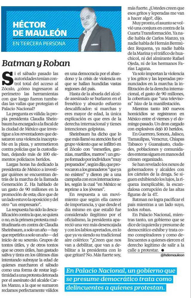 Impecable texto de <a href="/hdemauleon/">Héctor de Mauleón</a>, tienen que leerlo👇

Batman y Roban

“…si marchas y eres mayor de edad, la única explicación es que eres de la derecha internacional y tienes intenciones golpistas”

🎩