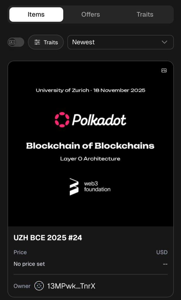 NFTs are becoming a new way to track <a href="/Polkadot/">Polkadot</a> ecosystem activity.

I found out about today’s <a href="/Web3foundation/">Web3 Foundation</a> Technical Education at the University of Zurich just by checking the Explore page on <a href="/ChaoticApp/">Chaotic</a> 
where attendees received NFTs via <a href="/polkadotmemo/">DotMemo</a>.