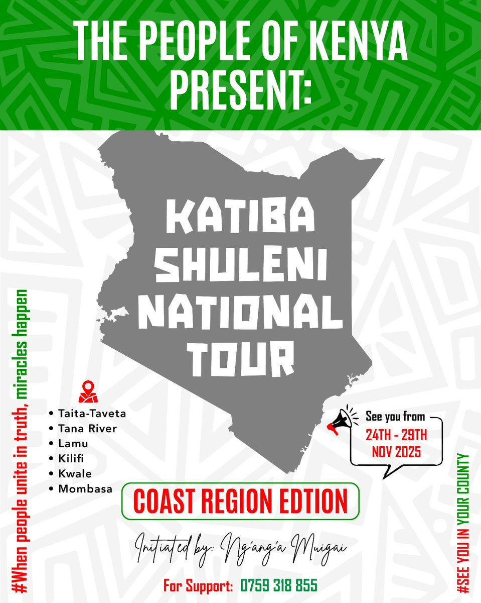 See you in COAST REGION this coming week.

It is simple.

Show up, we engage, we make a declaration, and we sign the petition.

Then we wait for the next course of action.

0759318855

change.org/p/katiba-shule…