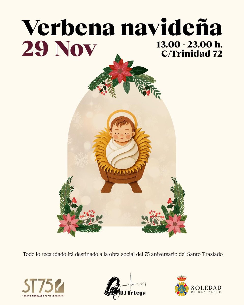 Verbena navideña de nuestra Real Hermandad.

📆Sábado 29 de noviembre
🕒13.00 a 23.00 horas
📍Casa Hermandad. Calle Trinidad, 72

Todo lo recaudado irá destinado a la obra social del 75 aniversario del Santo Traslado.

#CofradiasMLG