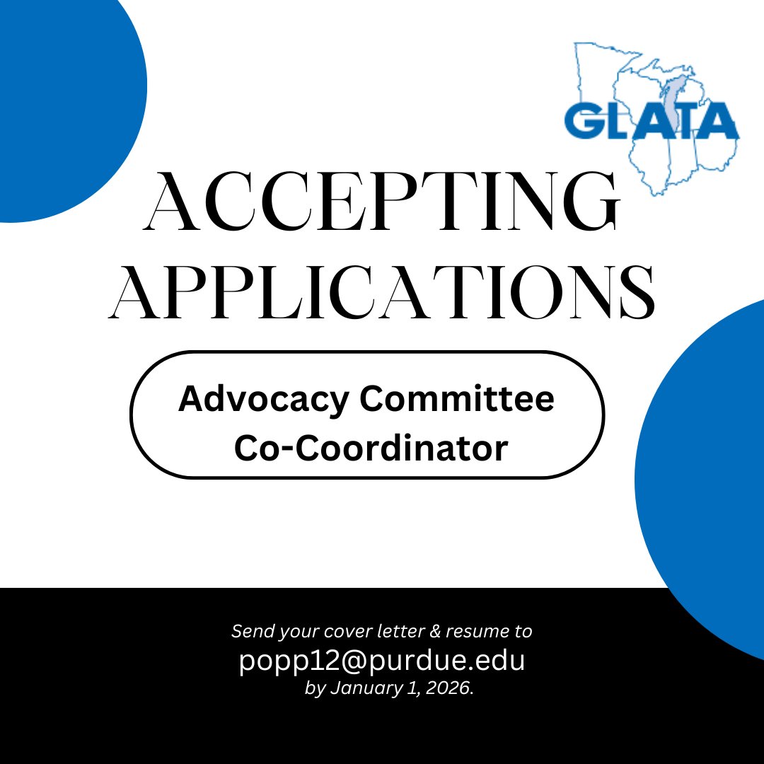 GLATA_updates's tweet image. #GetExcited to Get Involved! GLATA is searching for a few excited ATs who want to give back to our profession. Wanting more details? Check our other SM platforms that don&apos;t limit characters 😉
Submit CV/Letter of Interest to LATA President Jennifer Popp by January 1, 2026.