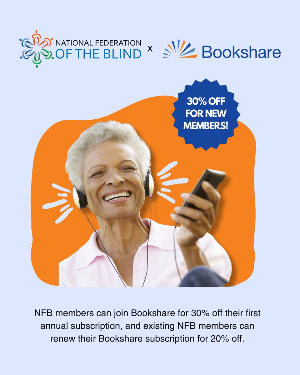NFB_voice's tweet image. Do you love listening to audiobooks? If so, we have a special offer for you with @Bookshare!

First-Time Subscribers: Join for 30% off. Use promo code NFBNEW30.

Renewing Subscribers: Renew for 20% off. Use promo code NFBRENEW20.

Sign up today at bookshare.org/nfb
