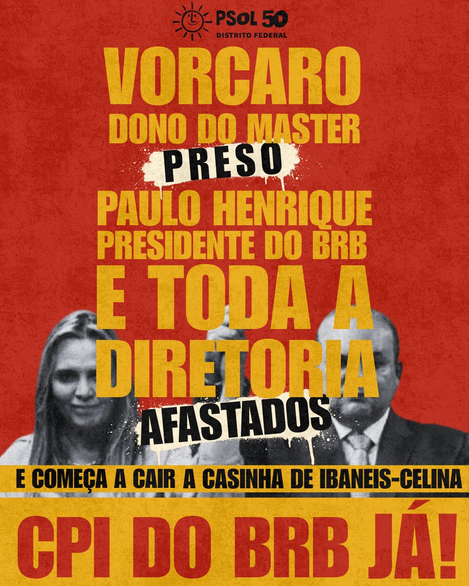 psol50df's tweet photo. A casinha de Ibaneis e Celina começa a cair. Com as prisões e afastamentos noticiados, é ainda mais urgente uma CPI do BRB! https://t.co/X6ENQ3jhQQ