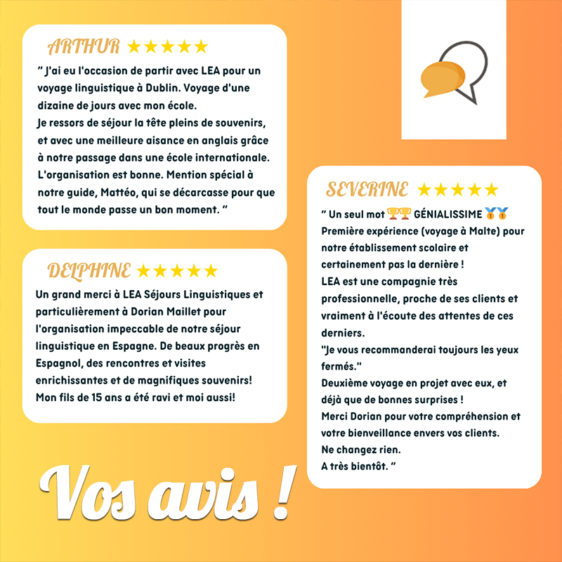 LEASejours's tweet photo. ⭐ Merci pour votre confiance.
Vos retours sont précieux et nous motivent chaque jour à offrir des séjours linguistiques de haute qualité 🌍✨
Chez LEA Séjours Linguistiques, notre priorité est de vous accompagner dans vos projets avec sérieux, et réactivité. https://t.co/5PoxuhafzD