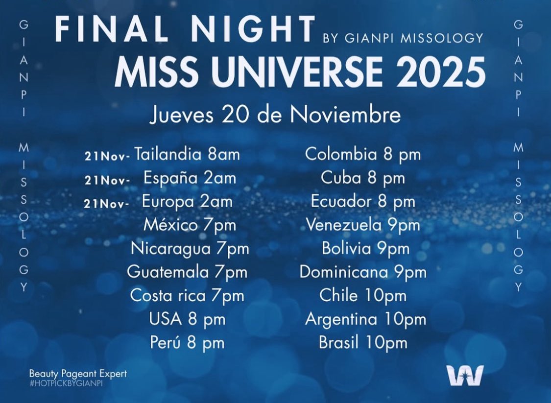 CarlosDonoso_'s tweet photo. Todo listo para la recta final del #MissUniverse

Empezando por el National Costume. Aquí los horarios (19.11)

🇹🇭 Tailandia 1pm
🇪🇸 España 7am
🇲🇽 México 12am
🇪🇨 ECUADOR 1am
🇨🇴 Colombia 1am
🇦🇷 Argentina 3am
🇺🇸 USA 1am

ฮันแน่
ไปสุดแบบไม่มีแผ่ว

#MissUniverse2025 #The74MissUniverse https://t.co/0tOJIpopko