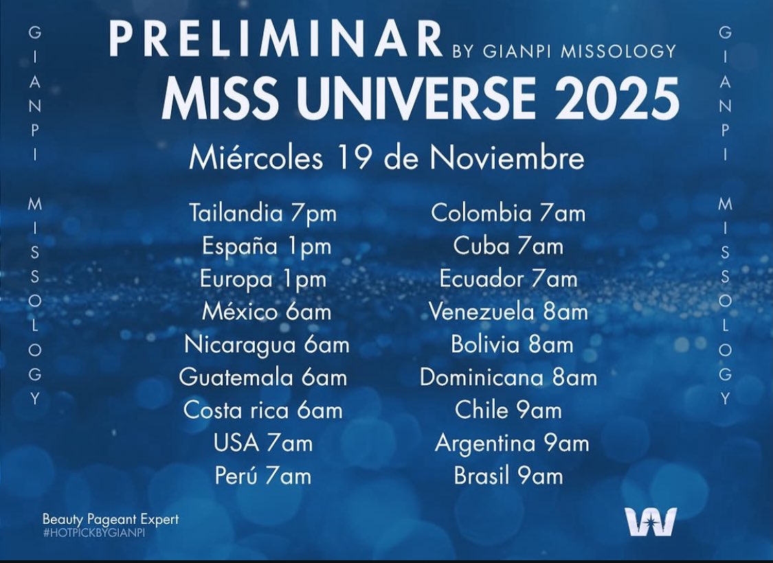 CarlosDonoso_'s tweet photo. Todo listo para la recta final del #MissUniverse

Empezando por el National Costume. Aquí los horarios (19.11)

🇹🇭 Tailandia 1pm
🇪🇸 España 7am
🇲🇽 México 12am
🇪🇨 ECUADOR 1am
🇨🇴 Colombia 1am
🇦🇷 Argentina 3am
🇺🇸 USA 1am

ฮันแน่
ไปสุดแบบไม่มีแผ่ว

#MissUniverse2025 #The74MissUniverse https://t.co/0tOJIpopko